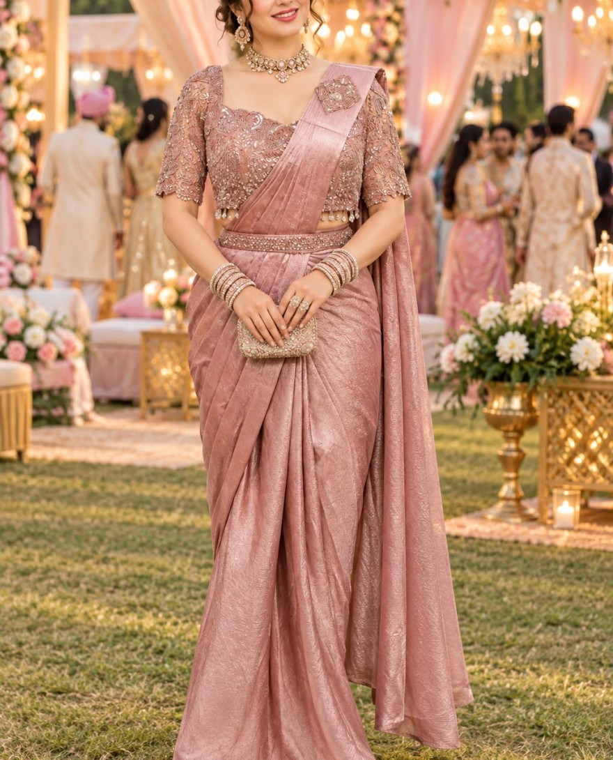 66822 - Pink Crush Embroidered Work Contemporary Saree for Ceremonial